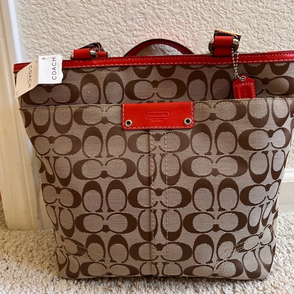 Coach Brown Signature Tote with Red Trim